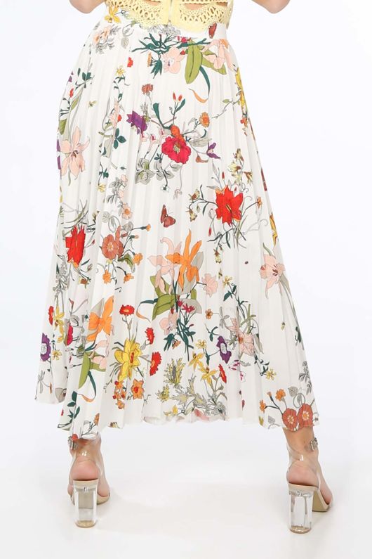 White Floral Pleated Midi Skirt