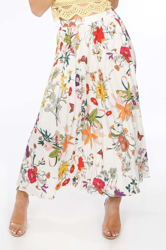 White Floral Pleated Midi Skirt