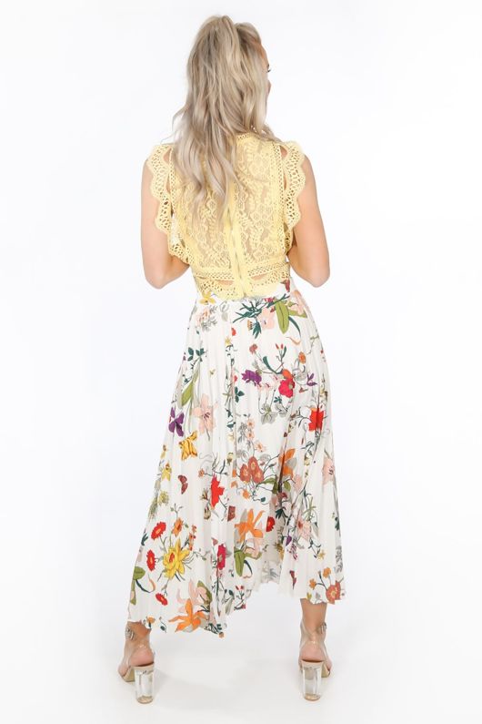 White Floral Pleated Midi Skirt