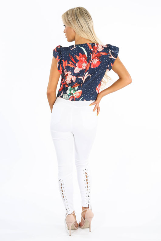 Floral Print Polka Dot Tie Front Blouse