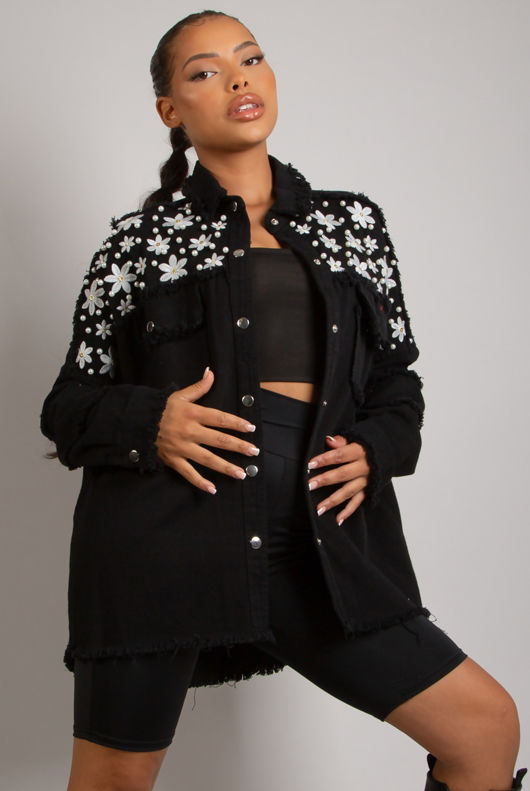 Embroidered Frayed Denim Shacket 