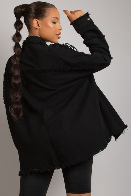 Embroidered Frayed Denim Shacket 