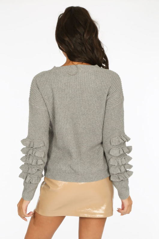 Layered Frill Sleeve Jumper In Grey