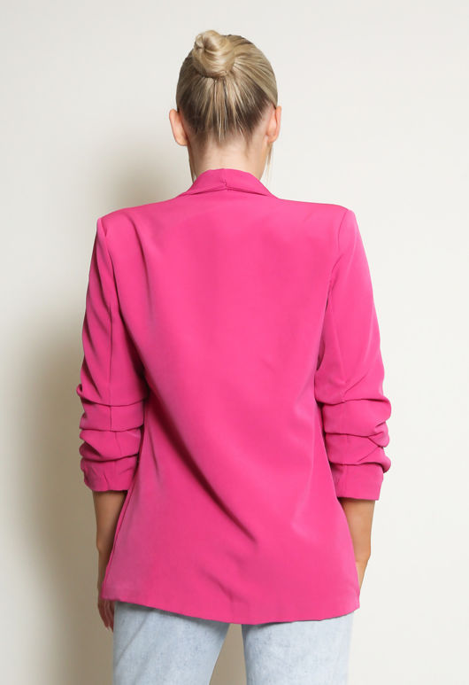 Fuchsia Plain Ruched Sleeve Open Blazer