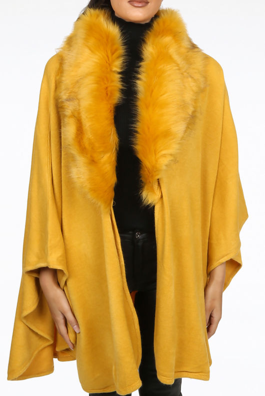 Mustard Faux Fur Trim Cape