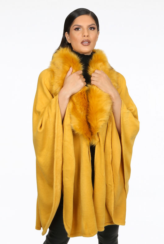 Mustard Faux Fur Trim Cape