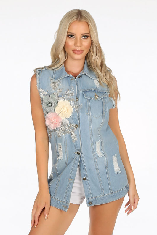 Floral Applique Denim Gilet