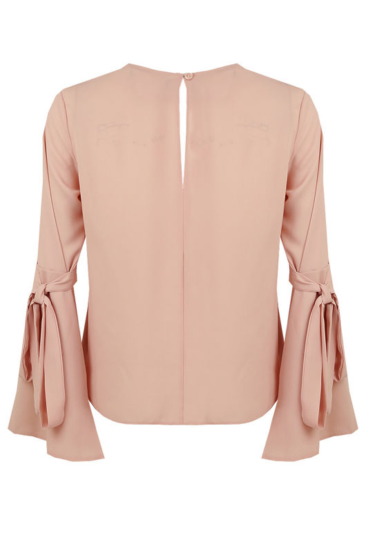 Nude Knotted Sleeve Back Button Up Tops