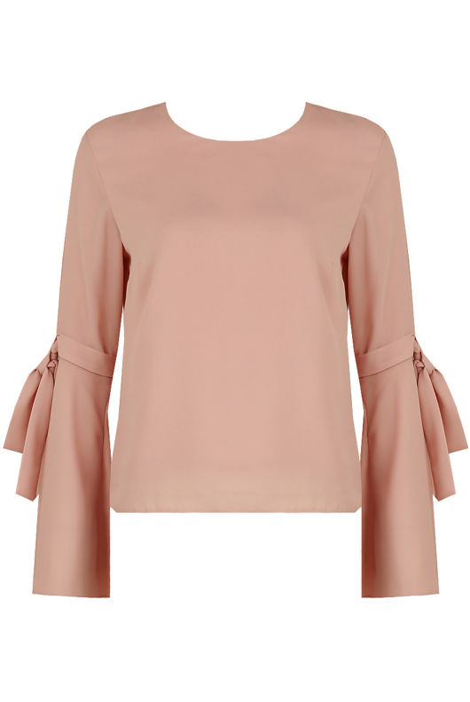 Nude Knotted Sleeve Back Button Up Tops