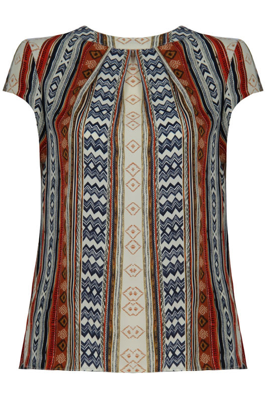 Cream Aztec Print Back Lace Textured Tops 