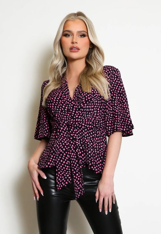 Fuchsia Polka Dots Kimono Blouse
