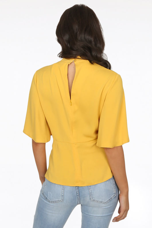 Mustard Choker Neck Tie Up Blouse