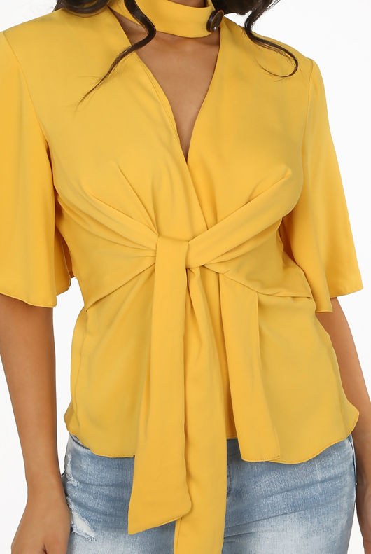 Mustard Choker Neck Tie Up Blouse