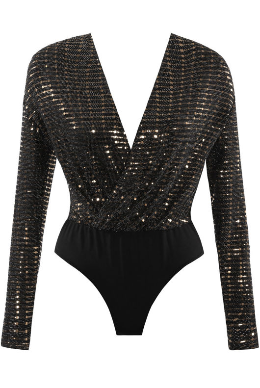 Beige Long Sleeve Embellished Bodysuit 