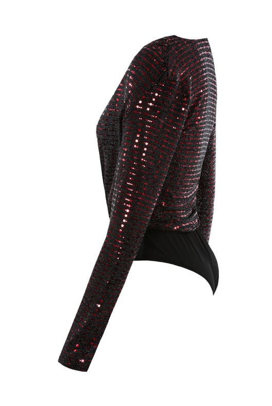 Burgundy Long Sleeve Rose Gold Embellished Bodysuit