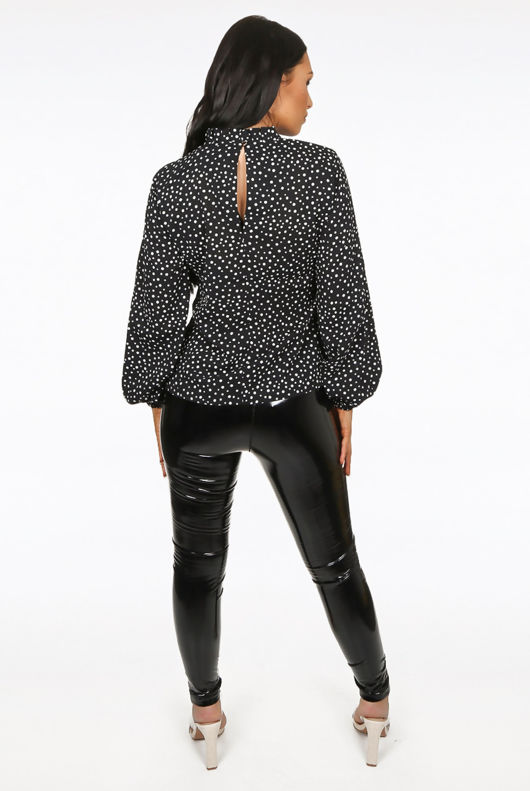 Navy Polka Dot Frilled High Neck Blouse