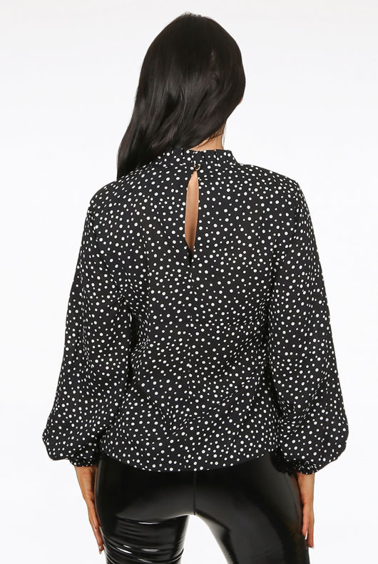 Navy Polka Dot Frilled High Neck Blouse
