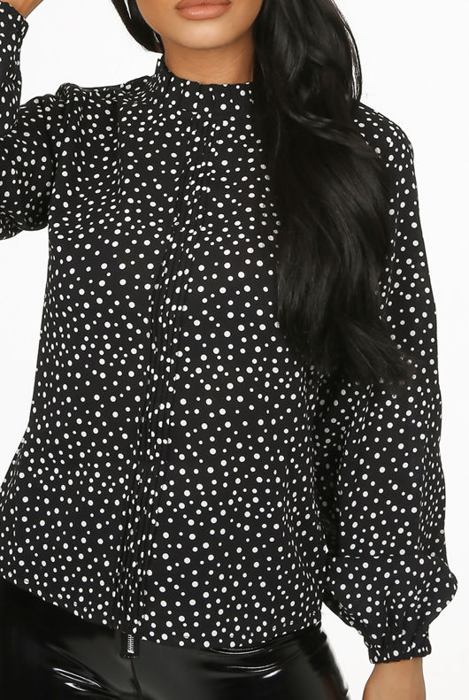 Navy Polka Dot Frilled High Neck Blouse