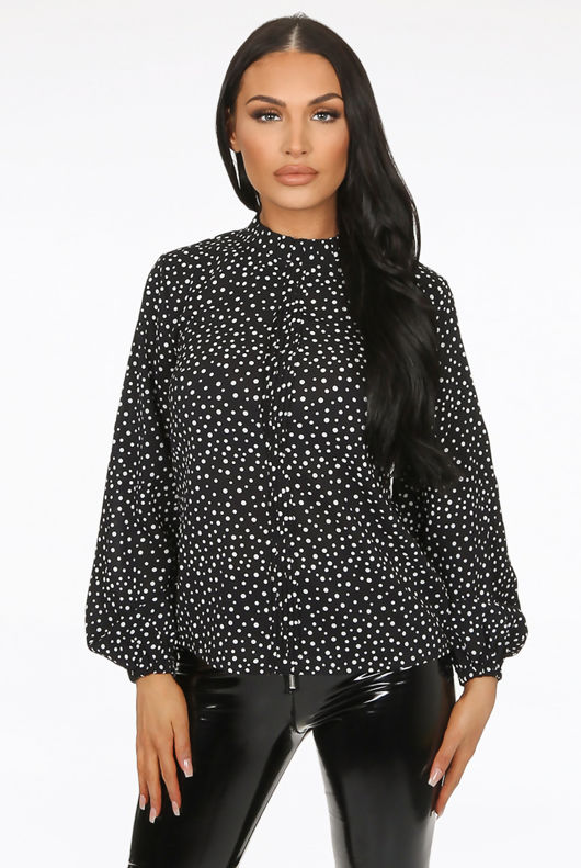 Navy Polka Dot Frilled High Neck Blouse