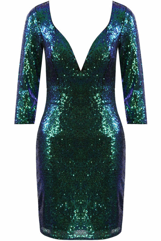 Green Plunge Long Sleeve Sequin Dress