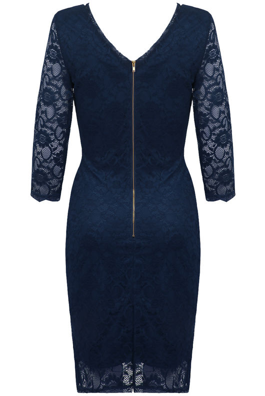 Navy Flower Lace Detail Back Zip Up Bodycon Dress