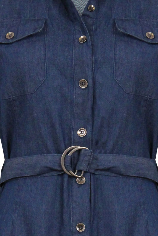 Denim Belted Front Button Up Shift Dress