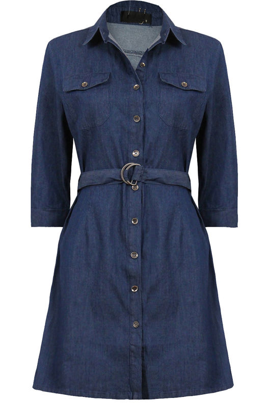 Denim Belted Front Button Up Shift Dress