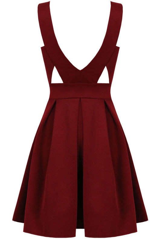 Wine Plunge Cut Out Detail Skater Dress