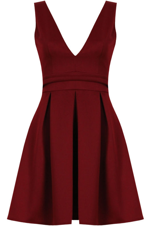 Wine Plunge Cut Out Detail Skater Dress