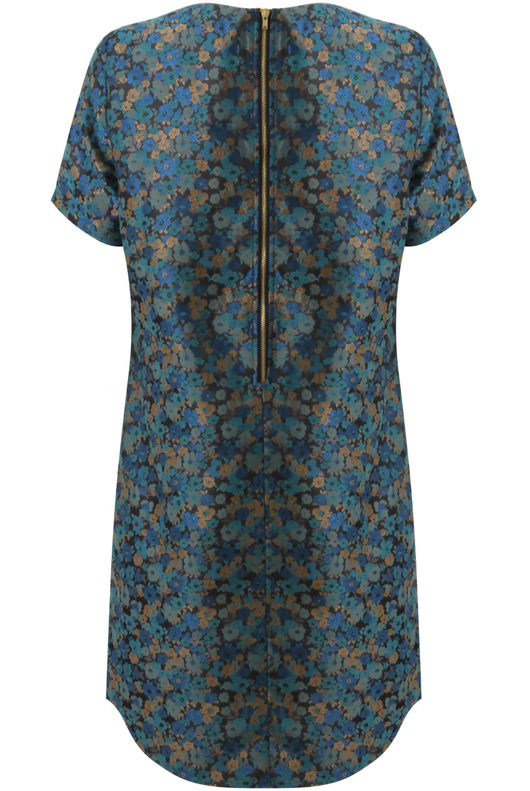  Green Brocade Floral Short Sleeves Shift Dress