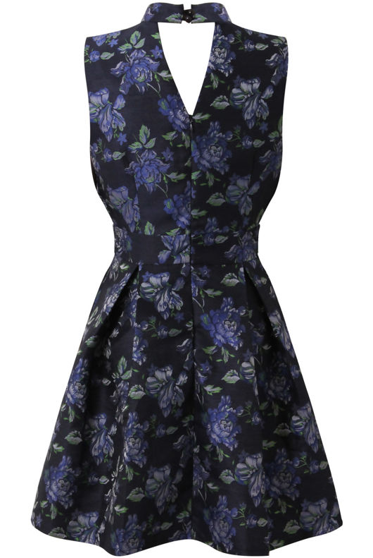 Navy Pleated Floral Skater Dress