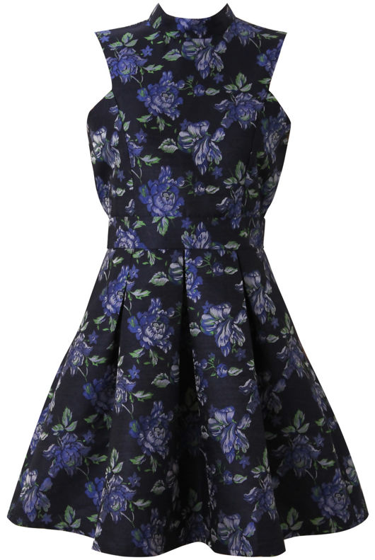 Navy Pleated Floral Skater Dress
