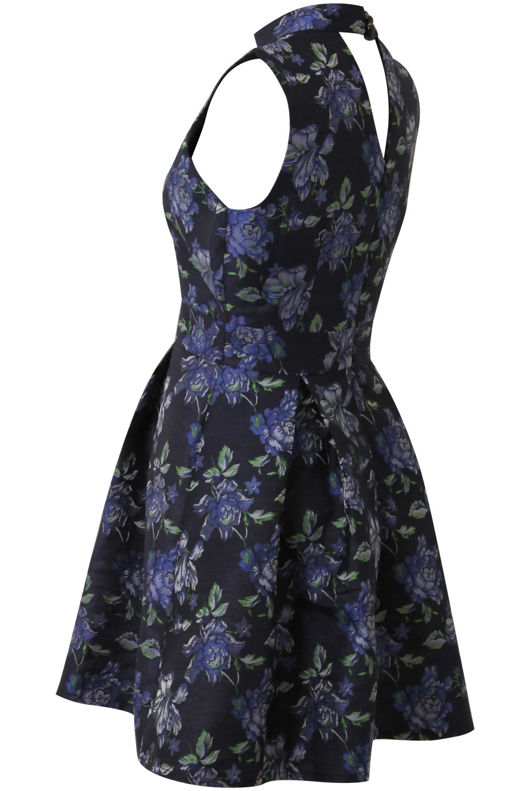 Navy Pleated Floral Skater Dress