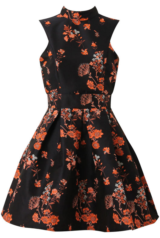 Black Pleated Floral Skater Dress