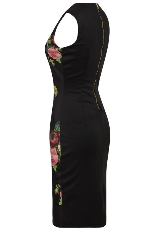 Black Floral Ruched Waist Fitted Dress