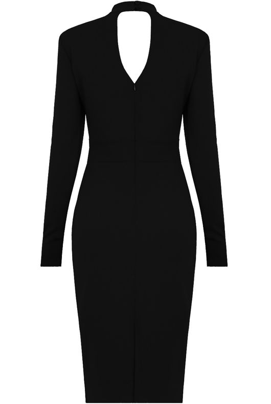 Black High Neck Front Ruffle Textured Midi Dres