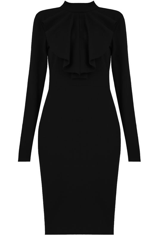 Black High Neck Front Ruffle Textured Midi Dres