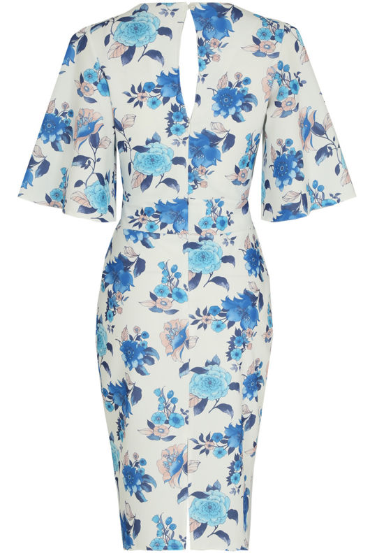 White Flower Print Bell Sleeve Midi Dress