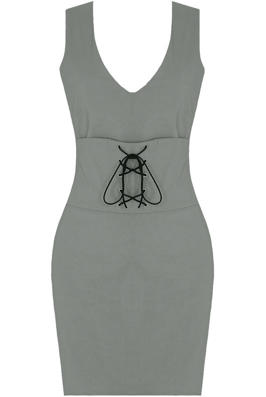 Grey Front Lace Tie Up Bodycon Dress