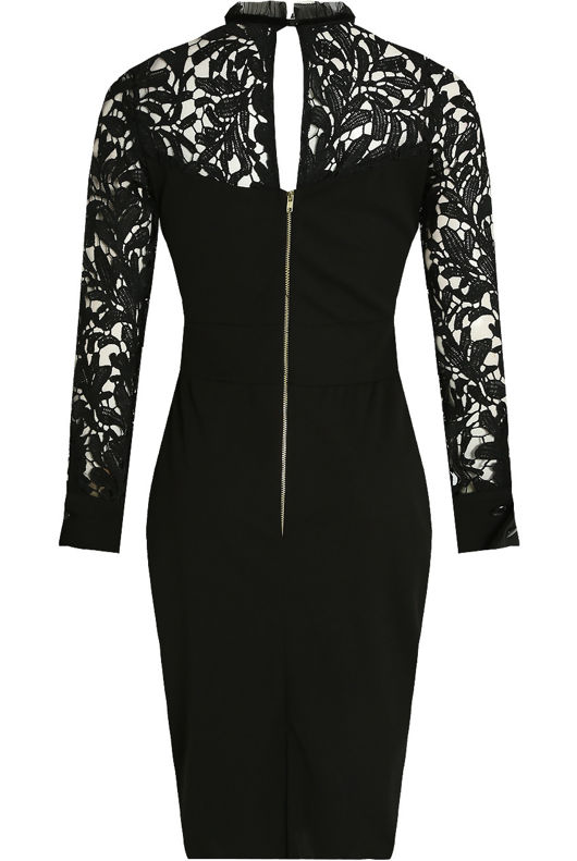 Floral Lace Back Zip Up Midi Dress in Black