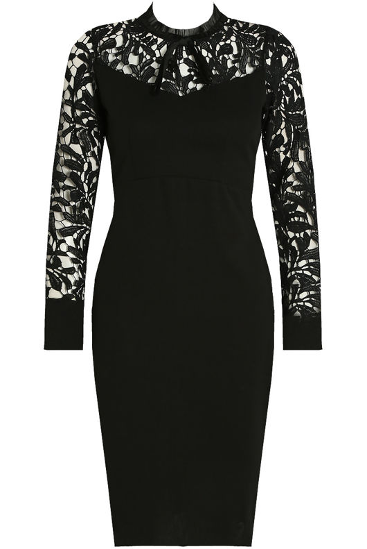 Floral Lace Back Zip Up Midi Dress in Black