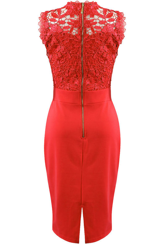Crochet Lace Overlay Bodycon Dress in Red