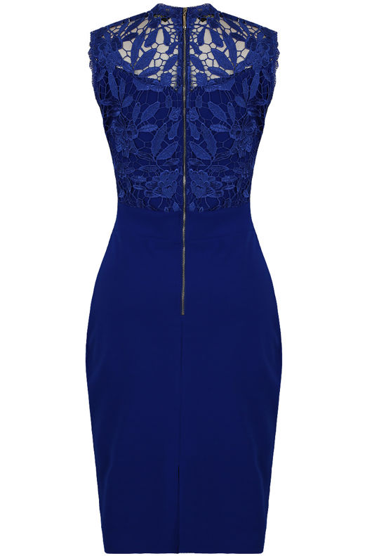 Crochet Lace Overlay Bodycon Dress in Royal Blue