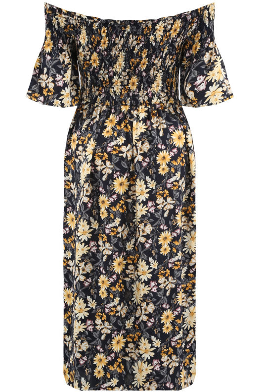 Navy Shirred Floral Off Shoulder Dress