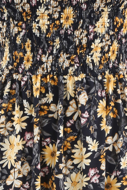Navy Shirred Floral Off Shoulder Dress