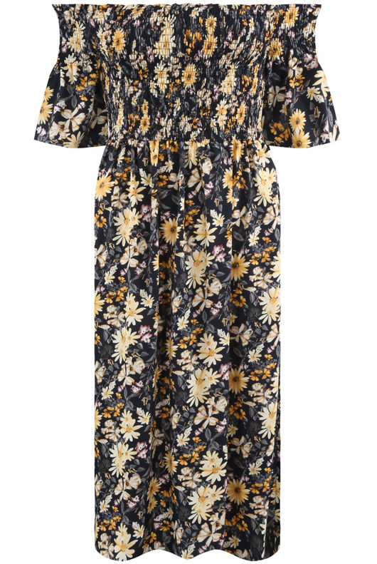 Navy Shirred Floral Off Shoulder Dress