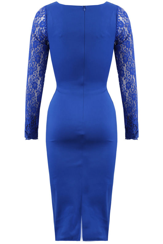 Royal Blue Lace Plunge Neck Midi Dress