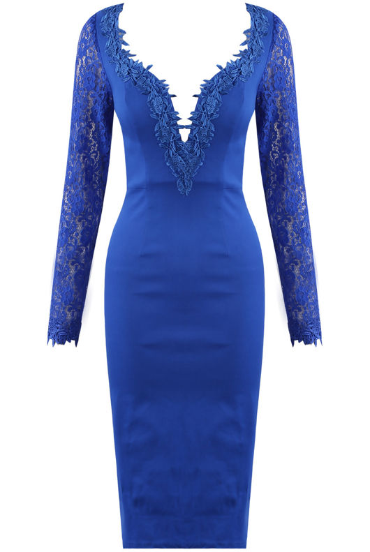 Royal Blue Lace Plunge Neck Midi Dress