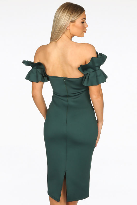 Green Neoprene Ruffle Bardot Midi Dress
