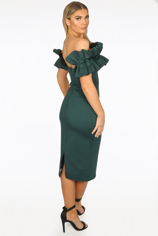 Green Neoprene Ruffle Bardot Midi Dress